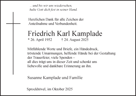 Traueranzeige von Friedrich Karl Kamplade von Tageszeitung