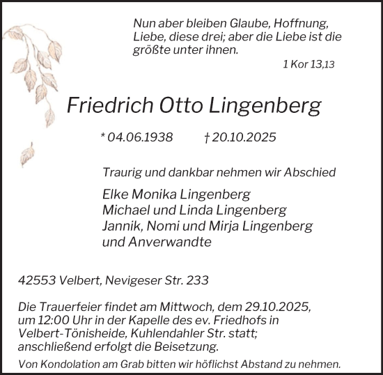 Traueranzeige von Friedrich Otto Lingenberg von Tageszeitung