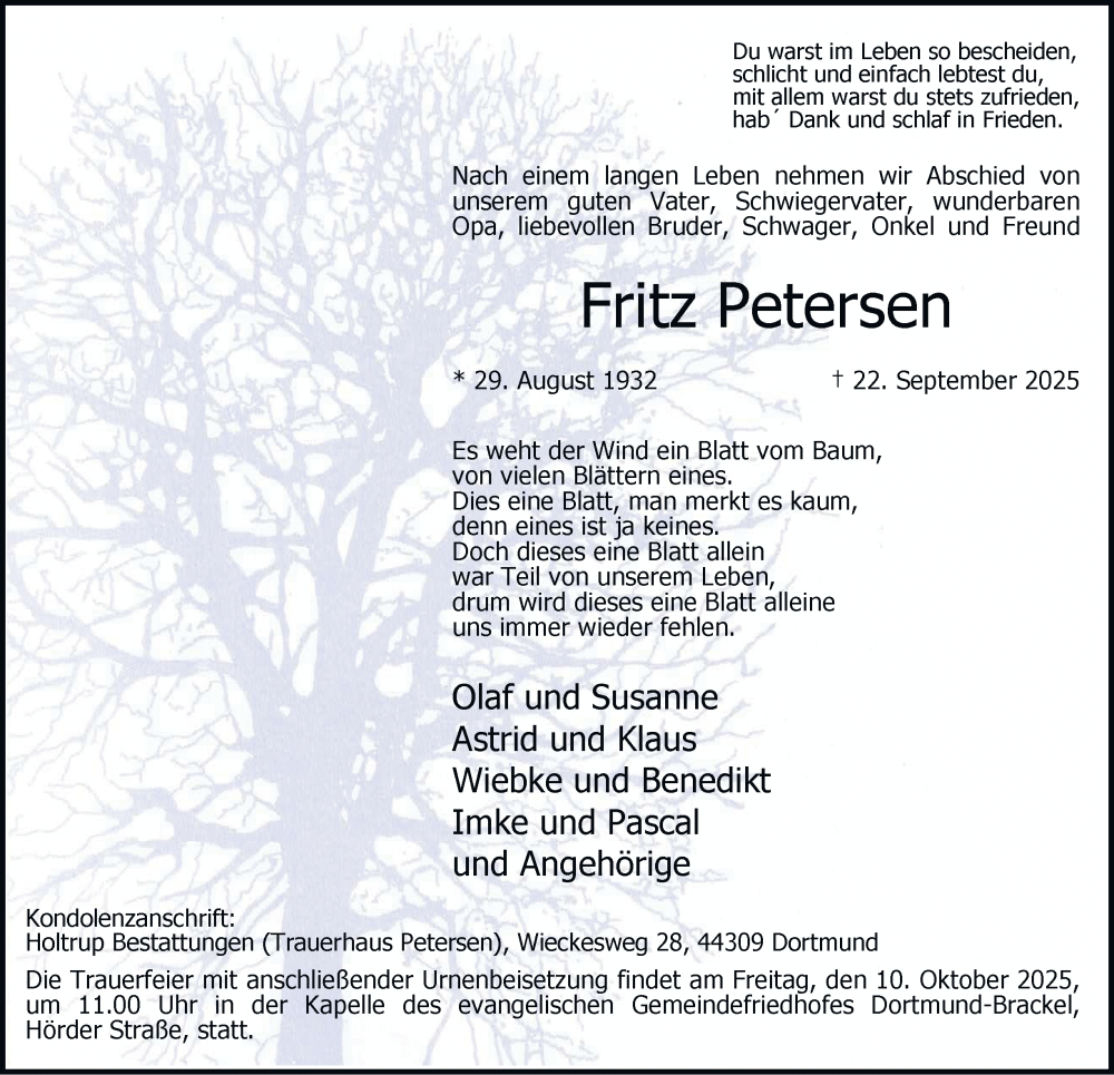  Traueranzeige für Fritz Petersen vom 04.10.2025 aus Tageszeitung