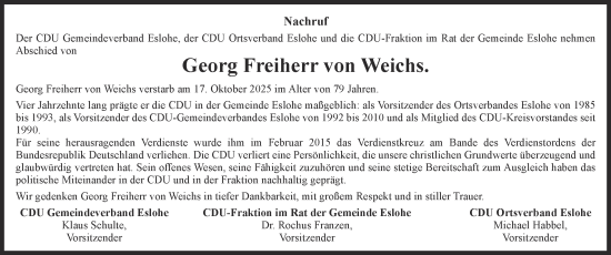 Traueranzeige von Georg Freiherr von Weichs von Tageszeitung
