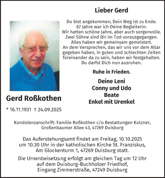 Traueranzeige von Gerd Roßkothen von Tageszeitung