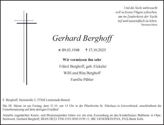 Traueranzeige von Gerhard Berghoff von Tageszeitung
