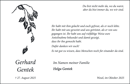Traueranzeige von Gerhard Gentek von Tageszeitung