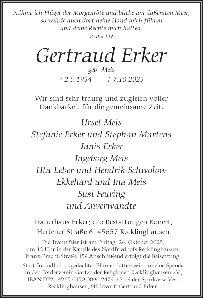  Traueranzeige für Gertraud Erker vom 18.10.2025 aus Tageszeitung
