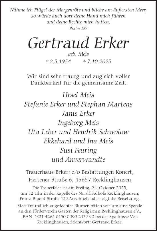 Traueranzeige von Gertraud Erker von Tageszeitung