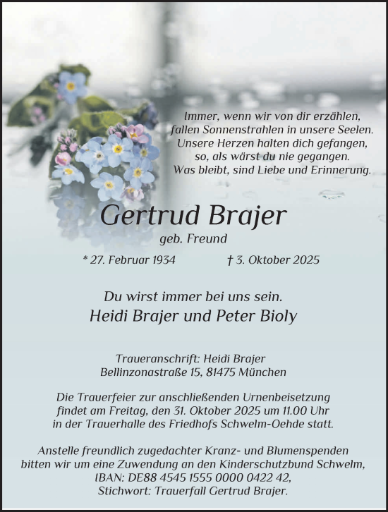 Traueranzeige von Gertrud Brajer von Tageszeitung