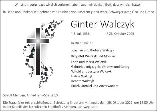 Traueranzeige von Ginter Walczyk von Tageszeitung