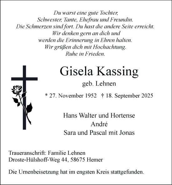 Traueranzeige von Gisela Kassing von Tageszeitung