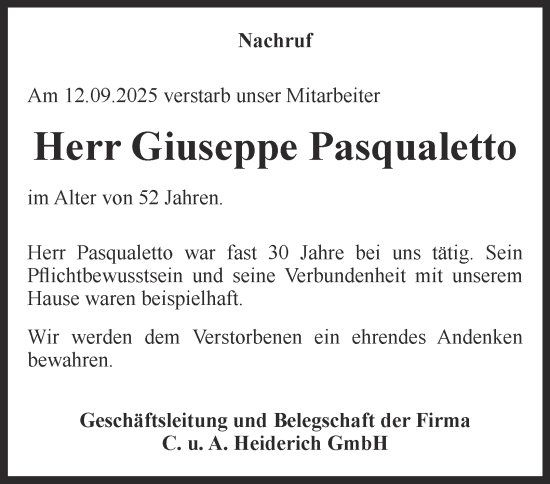 Traueranzeige von Giuseppe Pasqualetto von Tageszeitung