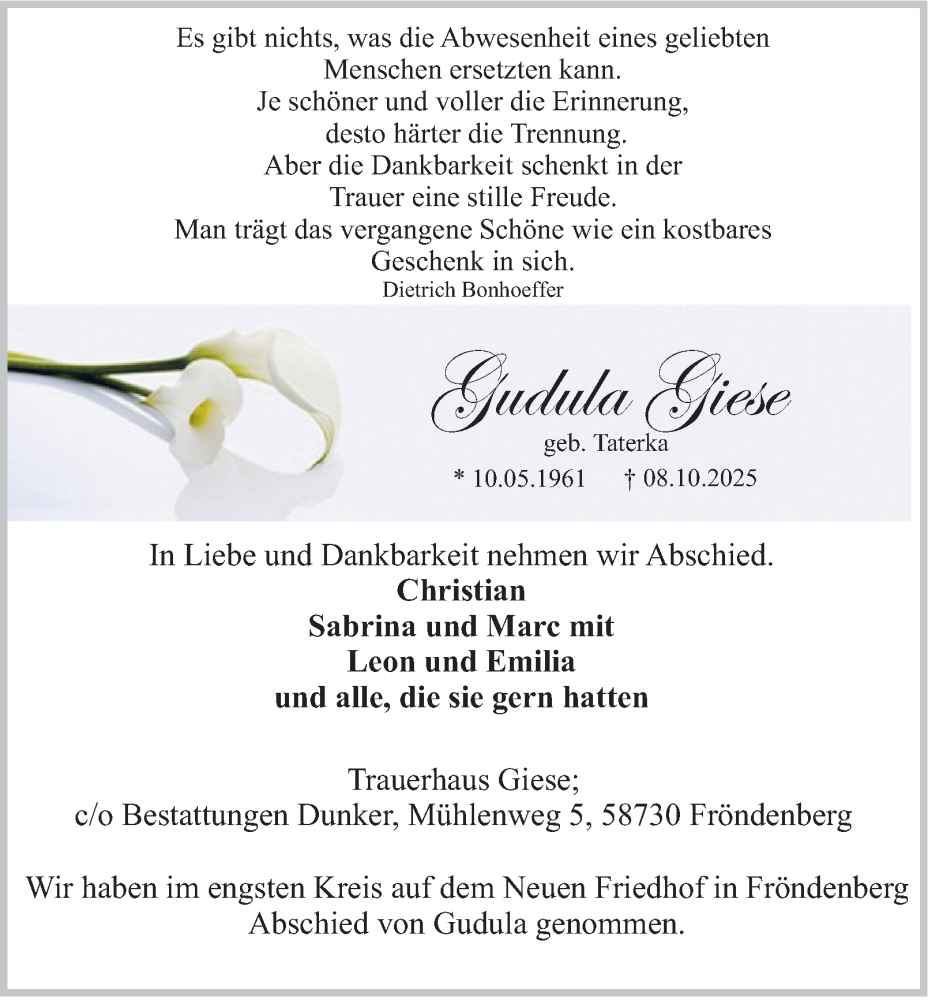  Traueranzeige für Gudula Giese vom 18.10.2025 aus Tageszeitung