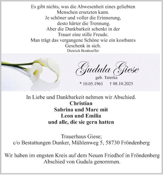 Traueranzeige von Gudula Giese von Tageszeitung