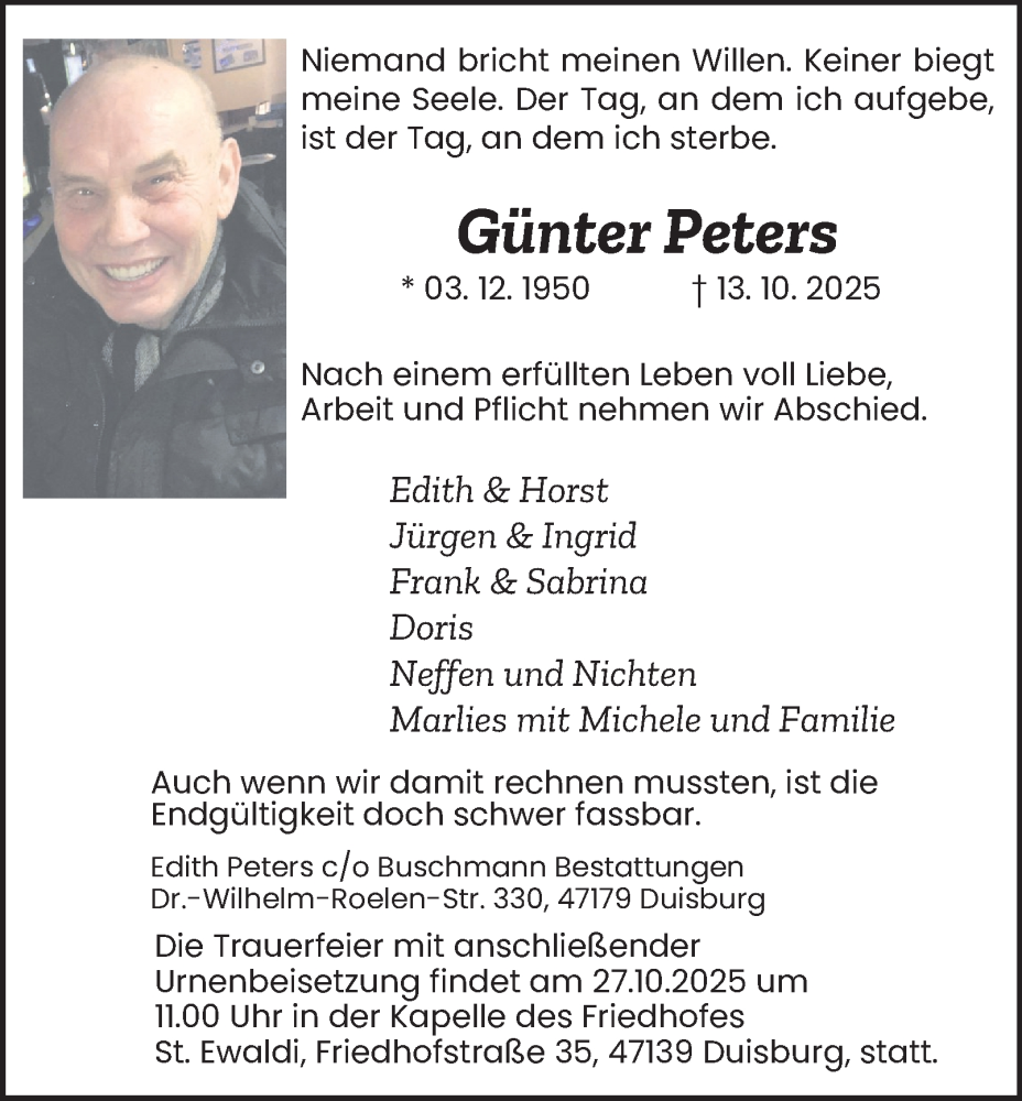  Traueranzeige für Günter Peters vom 18.10.2025 aus Tageszeitung