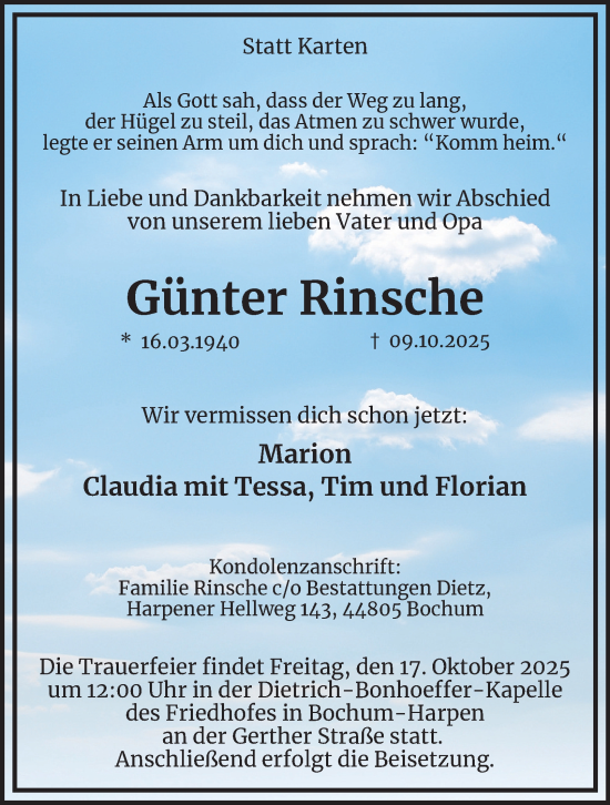 Traueranzeige von Günter Rinsche von Tageszeitung