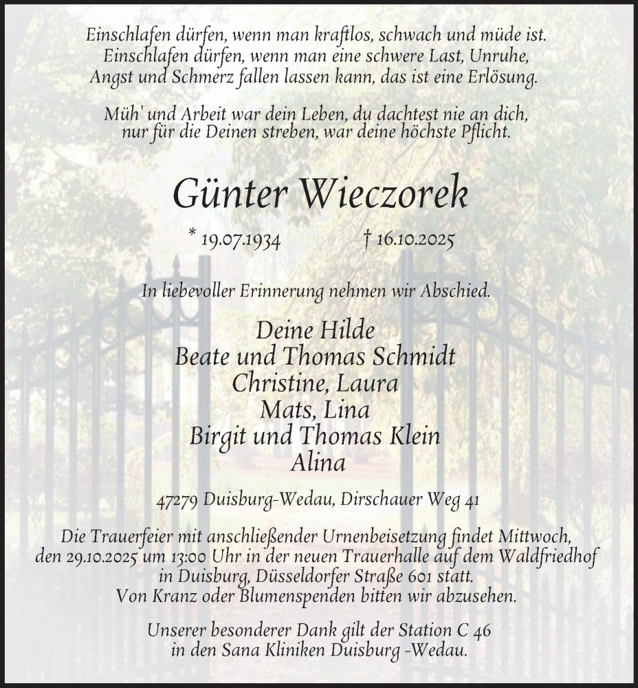  Traueranzeige für Günter Wieczorek vom 25.10.2025 aus Tageszeitung