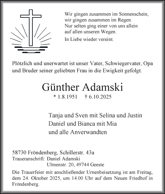 Traueranzeige von Günther Adamski von Tageszeitung