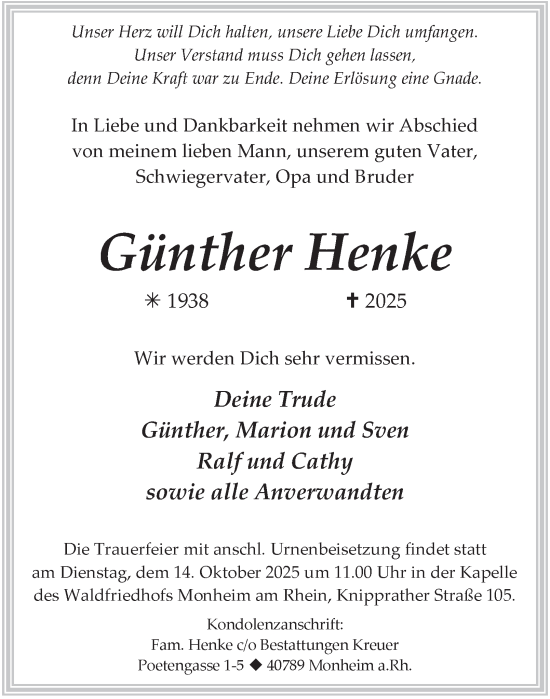 Traueranzeige von Günther Henke von Tageszeitung