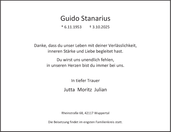 Traueranzeige von Guido Stanarius von Tageszeitung