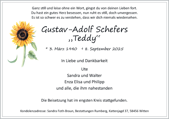 Traueranzeige von Gustav-Adolf Schefers von Tageszeitung