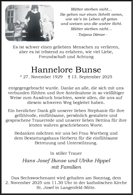 Traueranzeige von Hannelore Bunse von Tageszeitung
