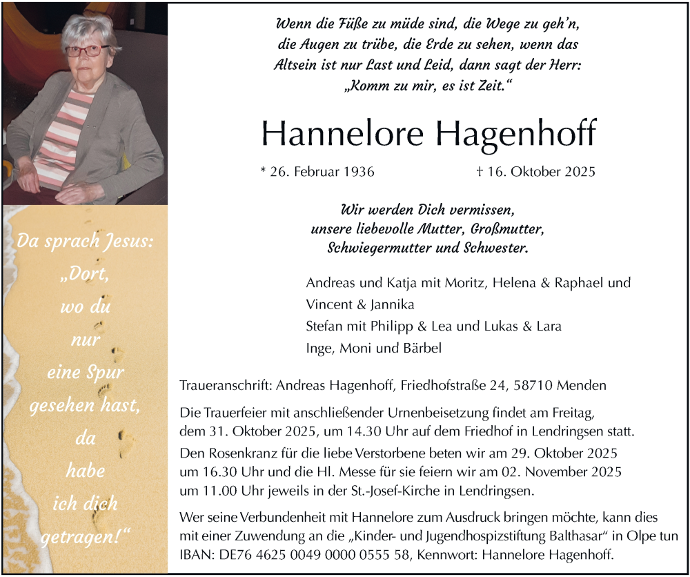  Traueranzeige für Hannelore Hagenhoff vom 25.10.2025 aus Tageszeitung