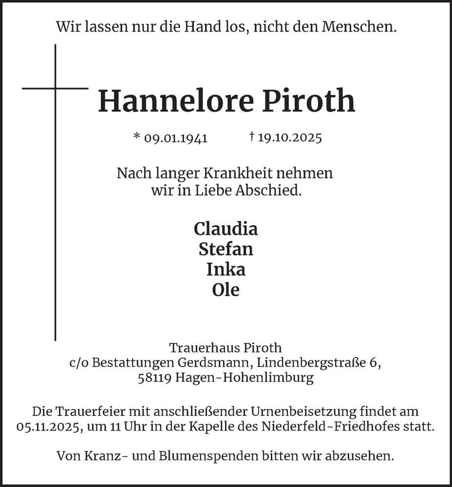  Traueranzeige für Hannelore Piroth vom 01.11.2025 aus Tageszeitung