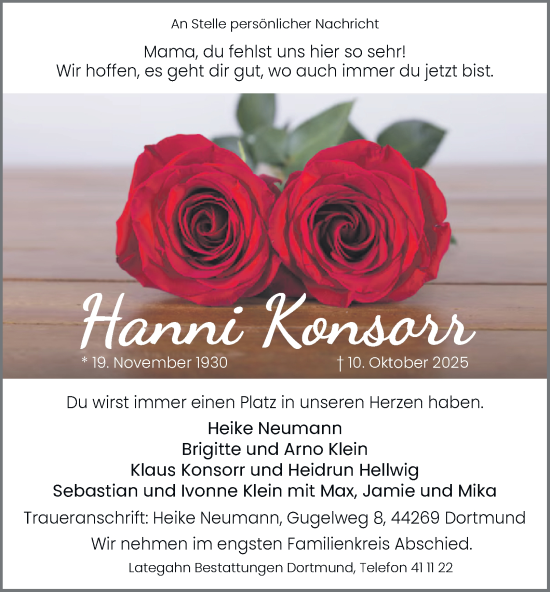 Traueranzeige von Hanni Konsorr von Tageszeitung
