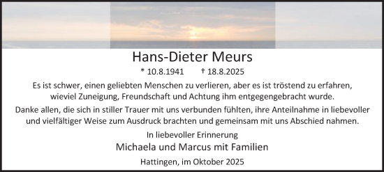 Traueranzeige von Hans-Dieter Meurs von Tageszeitung