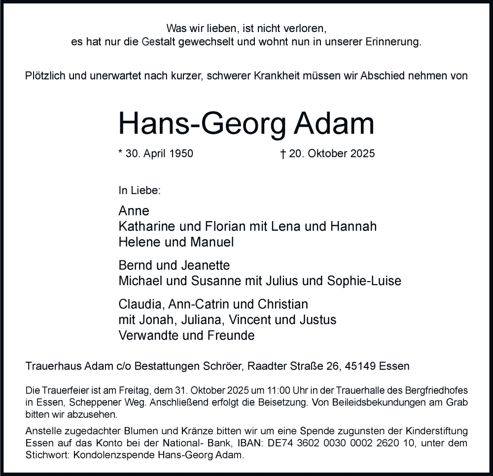  Traueranzeige für Hans-Georg Adam vom 25.10.2025 aus Tageszeitung