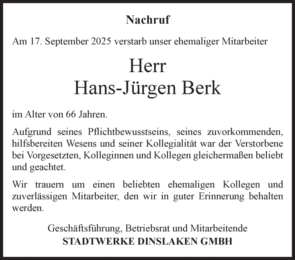  Traueranzeige für Hans-Jürgen Berk vom 01.10.2025 aus Tageszeitung