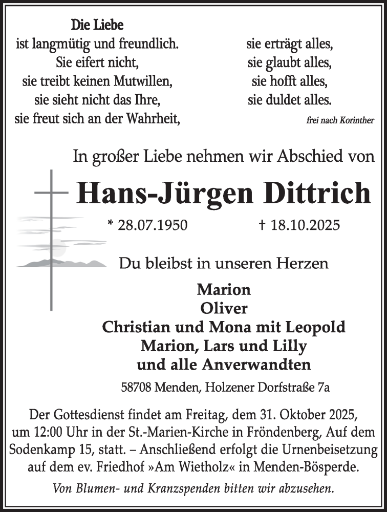  Traueranzeige für Hans-Jürgen Dittrich vom 25.10.2025 aus Tageszeitung