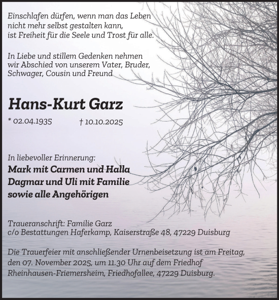 Traueranzeige von Hans-Kurt Garz von Tageszeitung