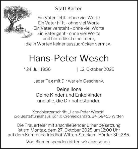 Traueranzeige von Hans-Peter Wesch von Tageszeitung