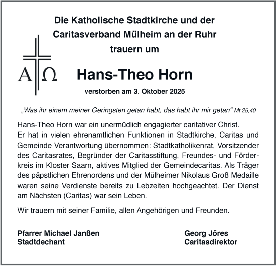 Traueranzeige von Hans-Theo Horn von Tageszeitung