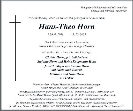 Traueranzeige von Hans-Theo Horn von Tageszeitung