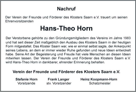 Traueranzeige von Hans-Theo Horn von Tageszeitung