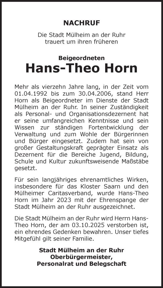 Traueranzeige von Hans-Theo Horn von Tageszeitung