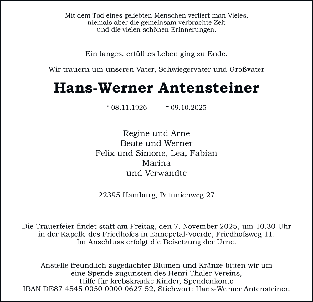  Traueranzeige für Hans-Werner Antensteiner vom 01.11.2025 aus Tageszeitung