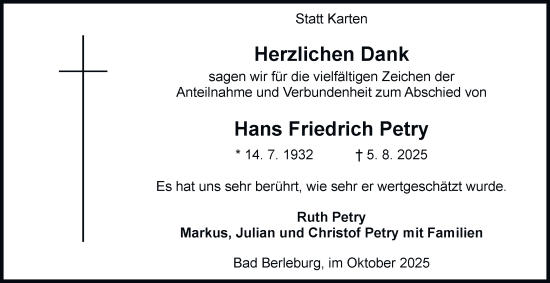 Traueranzeige von Hans Friedrich Petry von Tageszeitung