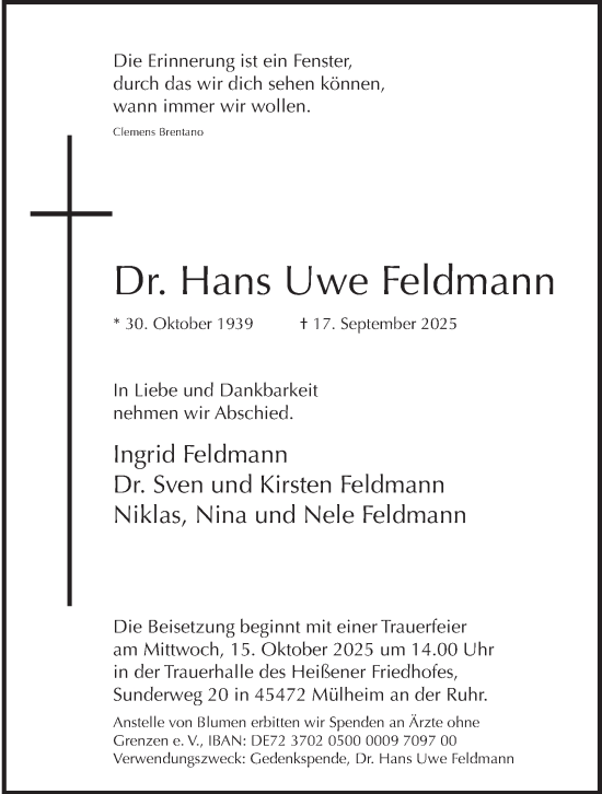 Traueranzeige von Hans Uwe Feldmann von Tageszeitung