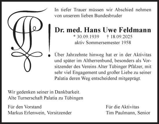 Traueranzeige von Hans Uwe Feldmann von Tageszeitung