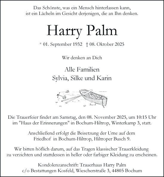 Traueranzeige von Harry Palm von Tageszeitung