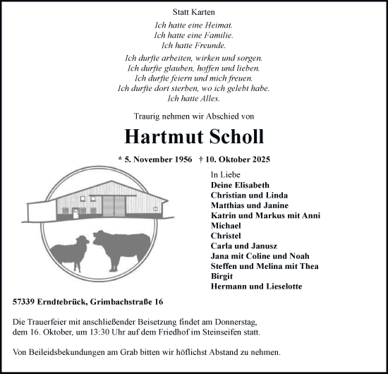 Traueranzeige von Hartmut Scholl von Tageszeitung
