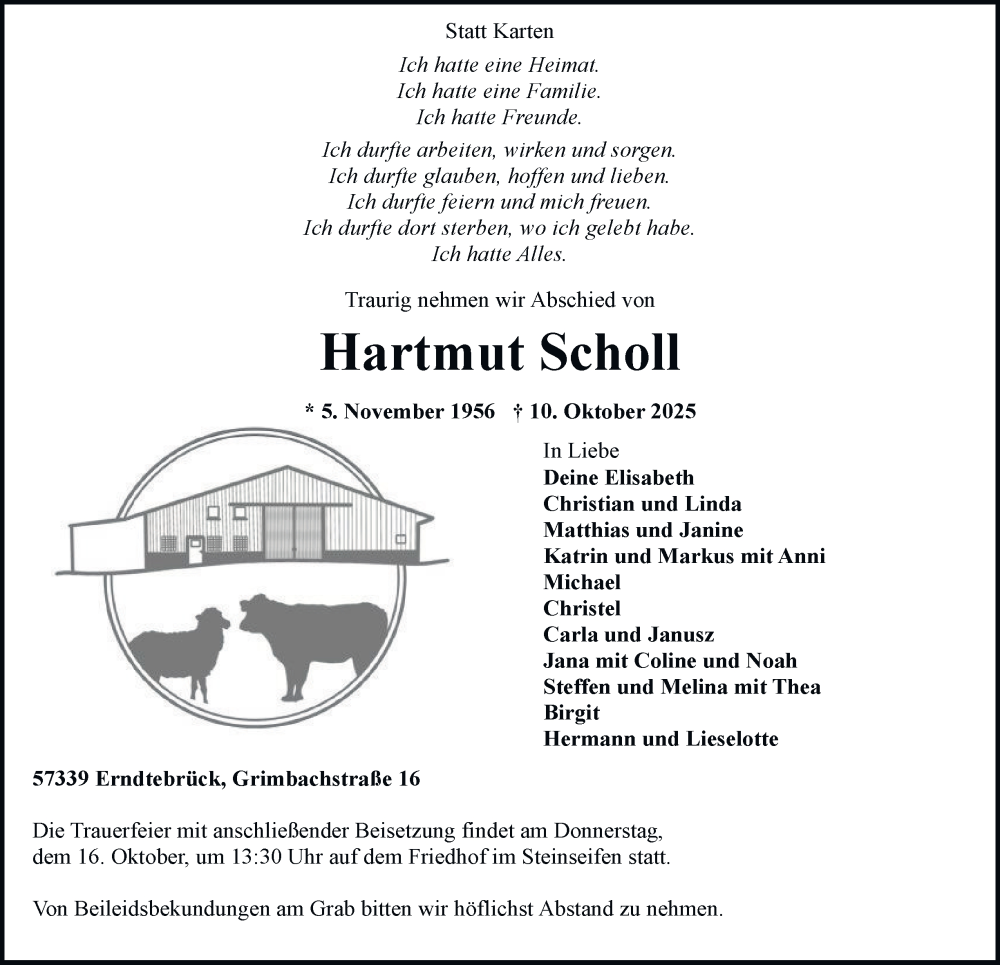  Traueranzeige für Hartmut Scholl vom 15.10.2025 aus Tageszeitung