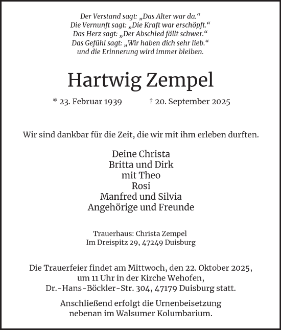 Traueranzeige von Hartwig Zempel von Tageszeitung