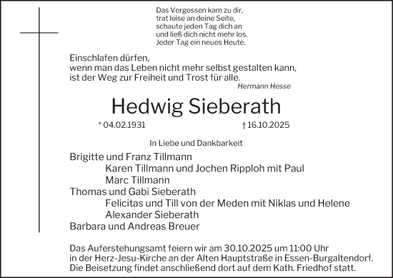 Traueranzeige von Hedwig Sieberath von Tageszeitung