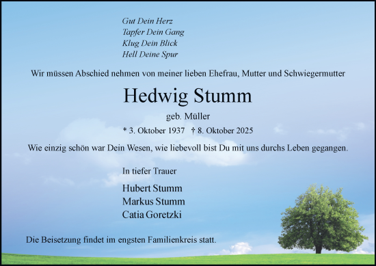 Traueranzeige von Hedwig Stumm von Tageszeitung