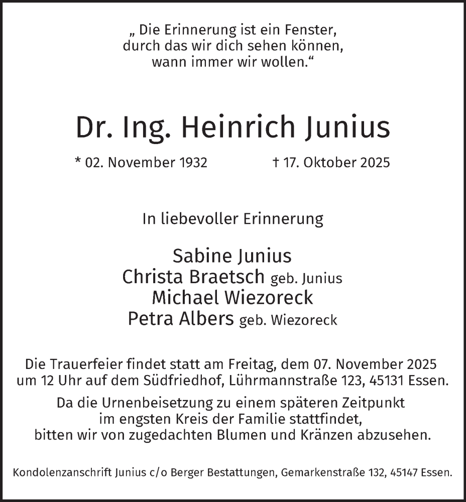  Traueranzeige für Heinrich Junius vom 25.10.2025 aus Tageszeitung