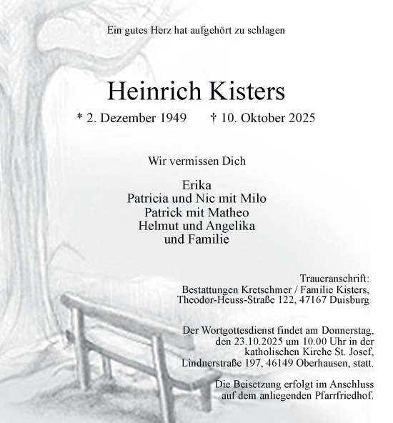 Traueranzeige von Heinrich Kisters von Tageszeitung