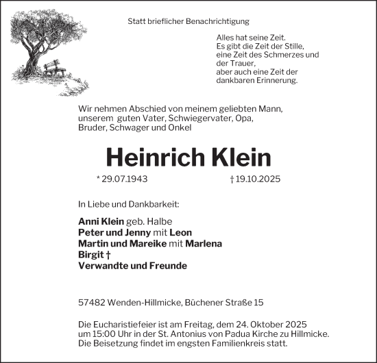 Traueranzeige von Heinrich Klein von Tageszeitung