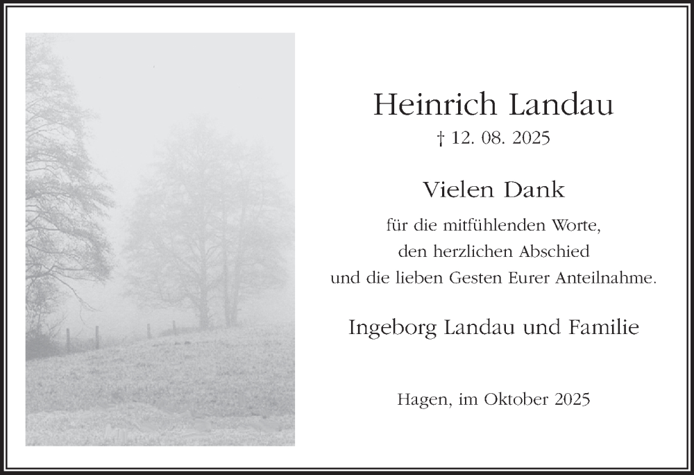  Traueranzeige für Heinrich Landau vom 04.10.2025 aus Tageszeitung